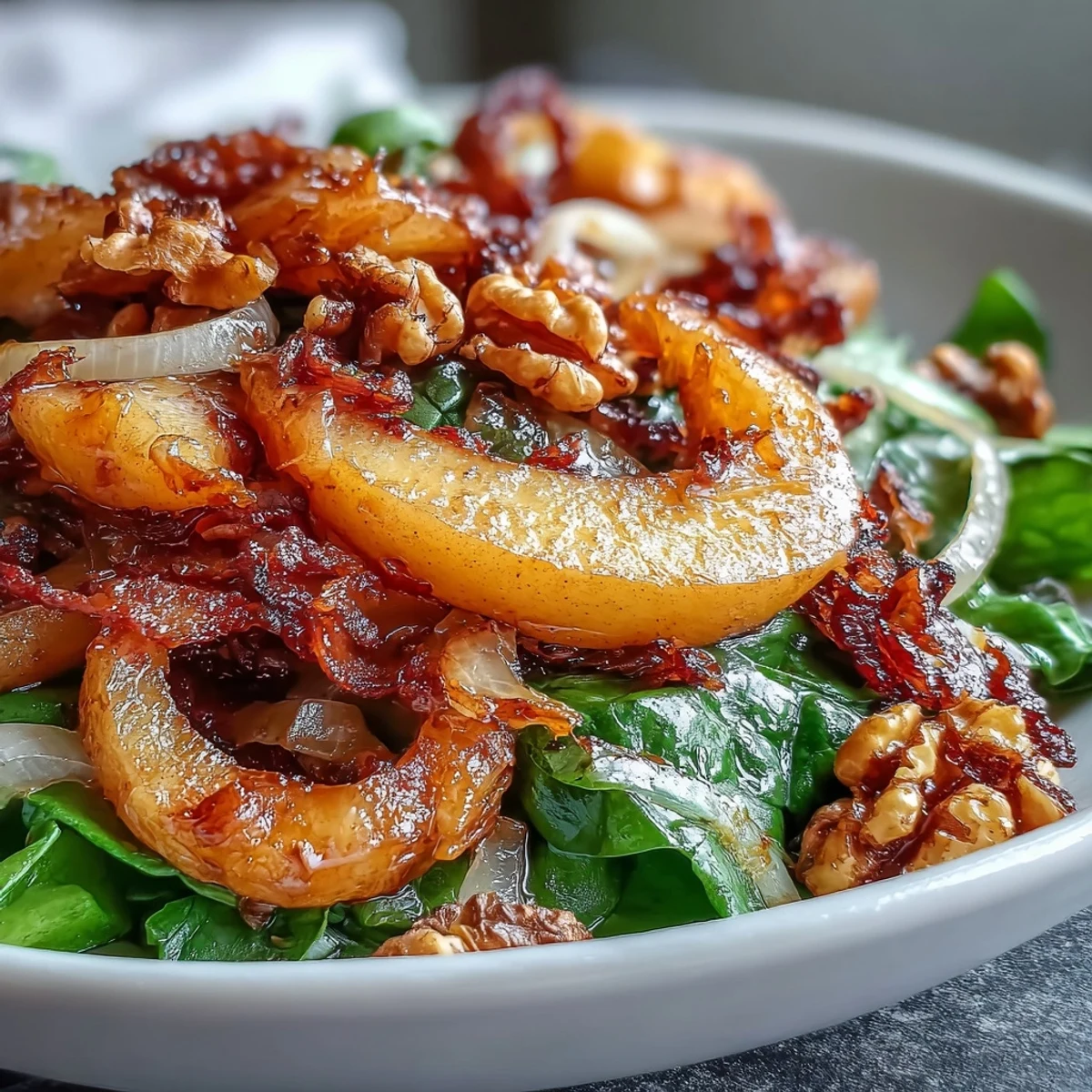 Sizzling apples and onions in a skillet with sauerkraut, creating a tangy-sweet warm salad ready to serve.