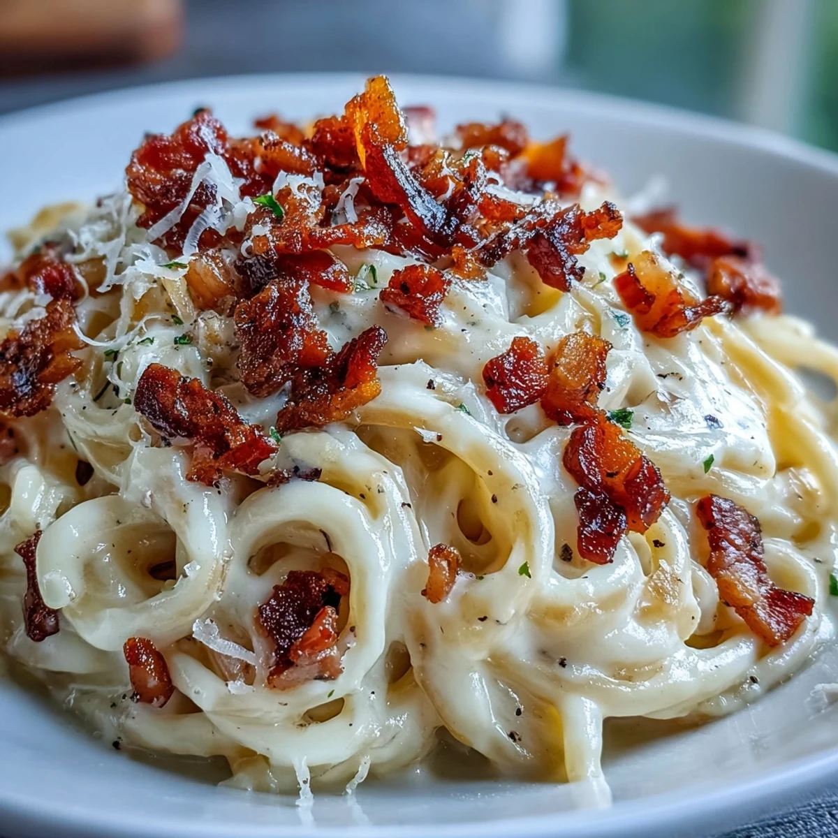 Golden spiralised celeriac noodles coated in a creamy egg and Parmesan sauce with crispy pancetta. 