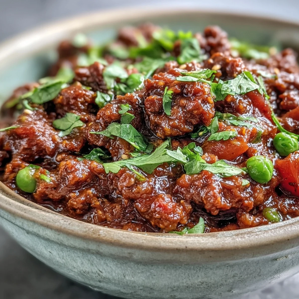 Steaming bowl of Venison Keema Curry served with fluffy basmati rice, showcasing tender meat and a thick, spiced tomato sauce.
