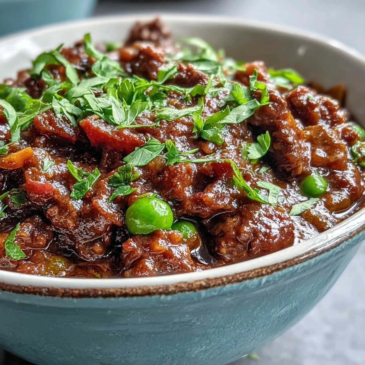 Close-up of Venison Keema Curry revealing golden ground venison, vibrant green peas, and a warm, rustic gravy.