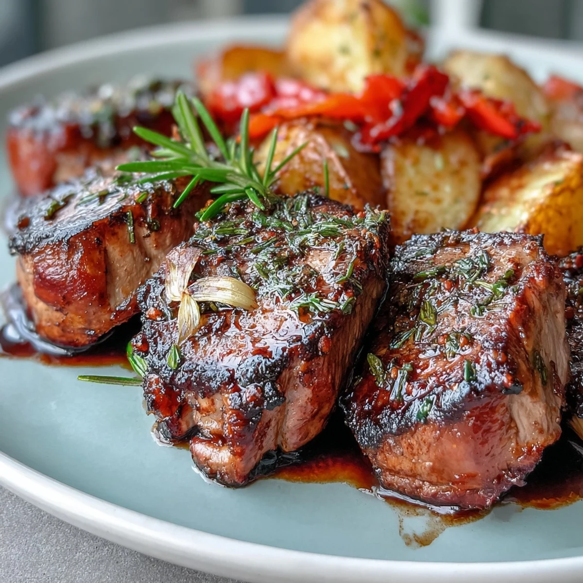 Sizzling Marinated Ibérico Pork Fillet seared in a skillet with roasted potatoes and peppers.