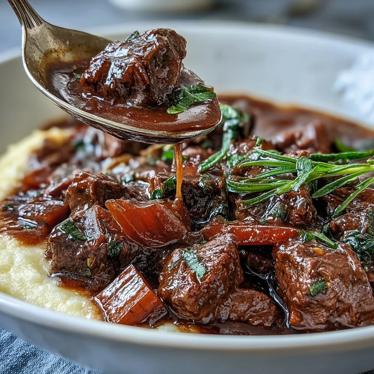 Steaming Venison Stew with Sloe Gin spooned over creamy polenta, with rustic vegetables and a rich, dark sauce.