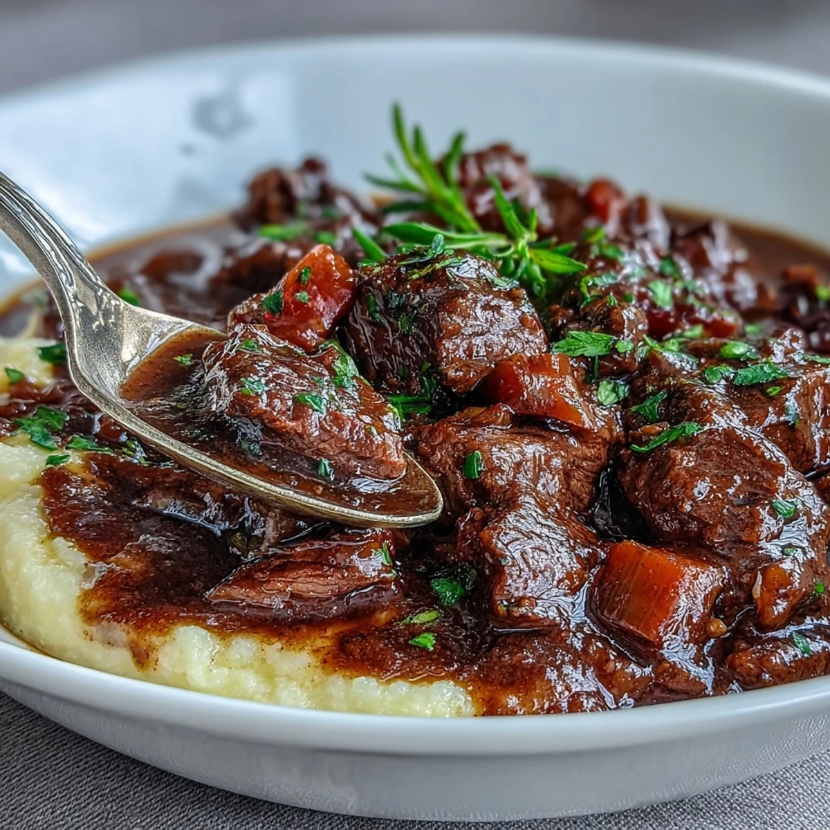 Tender venison stew with sloe gin simmering in a Dutch oven, releasing aromatic steam beside buttery polenta garnish.