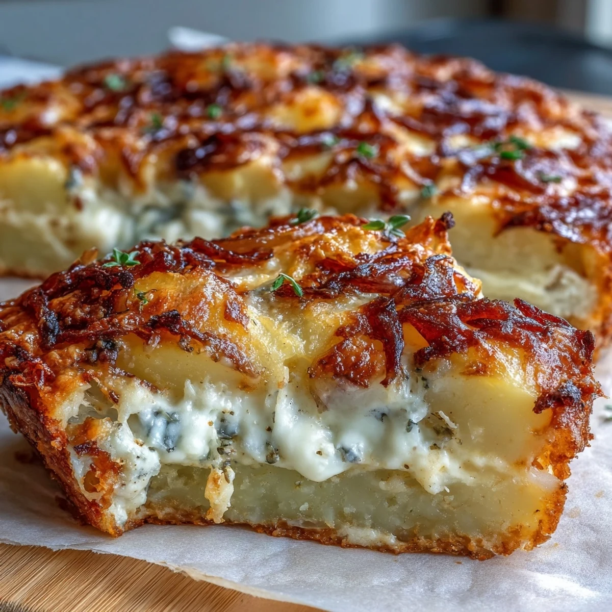 Cheese and Potato Pie still steaming, revealing creamy interior and crispy crust garnished with fresh chives for color.