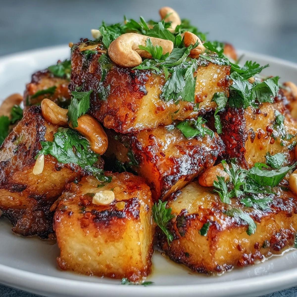 Golden-brown roasted celeriac chunks simmer in a creamy coconut curry sauce, garnished with cilantro and toasted cashews, ready to serve.