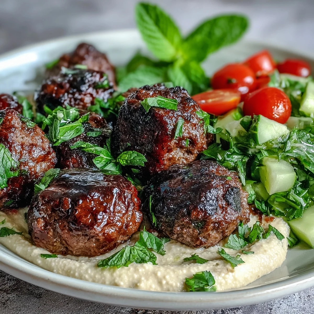 Freshly pan-fried venison meatballs with warming spices, served on a bed of crisp salad and a dollop of creamy homemade hummus.