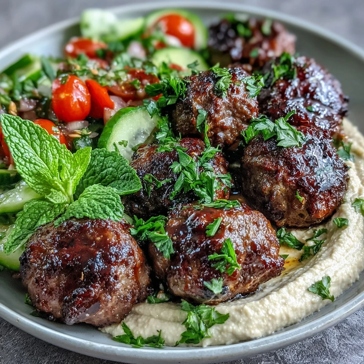 Colorful platter of tender venison meatballs, fresh mint salad, and smooth hummus, perfect for a healthy Mediterranean-inspired dinner.