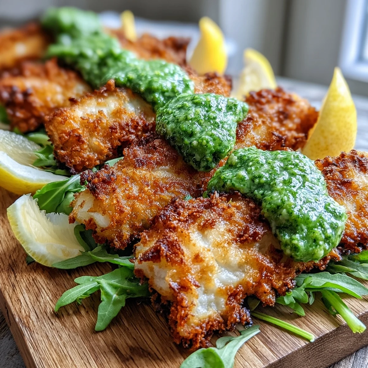 Freshly baked Haddock Goujons with Parmesan Crust arranged on a platter with lemon wedges and vibrant pea pesto for dipping.