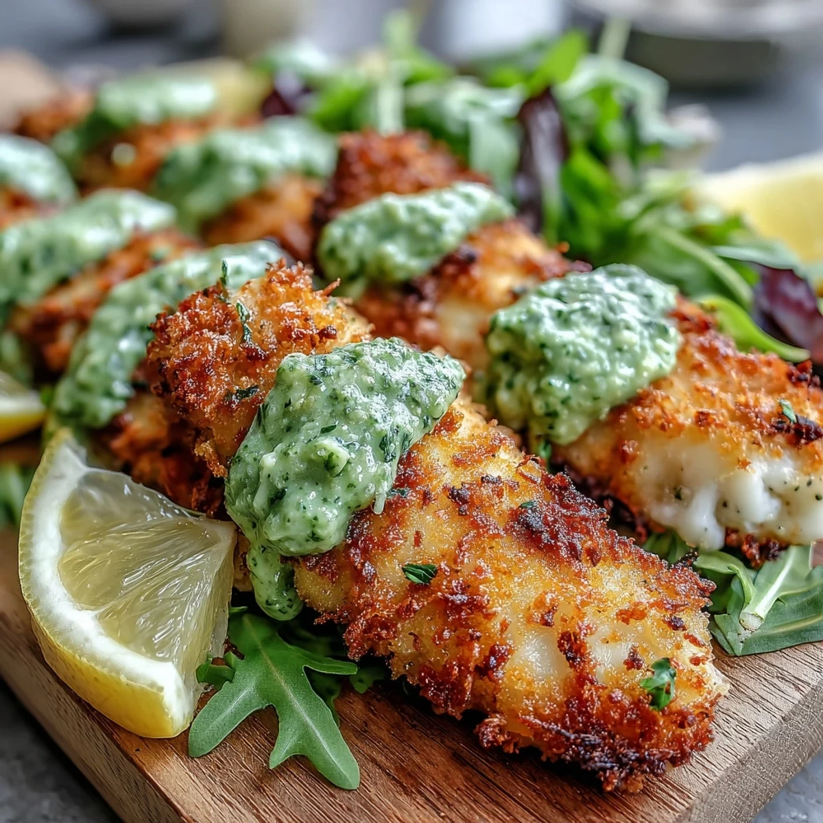 Fork-ready Haddock Goujons with Parmesan Crust display crunchy panko coating, paired with creamy pea pesto and a chilled Sauvignon Blanc.