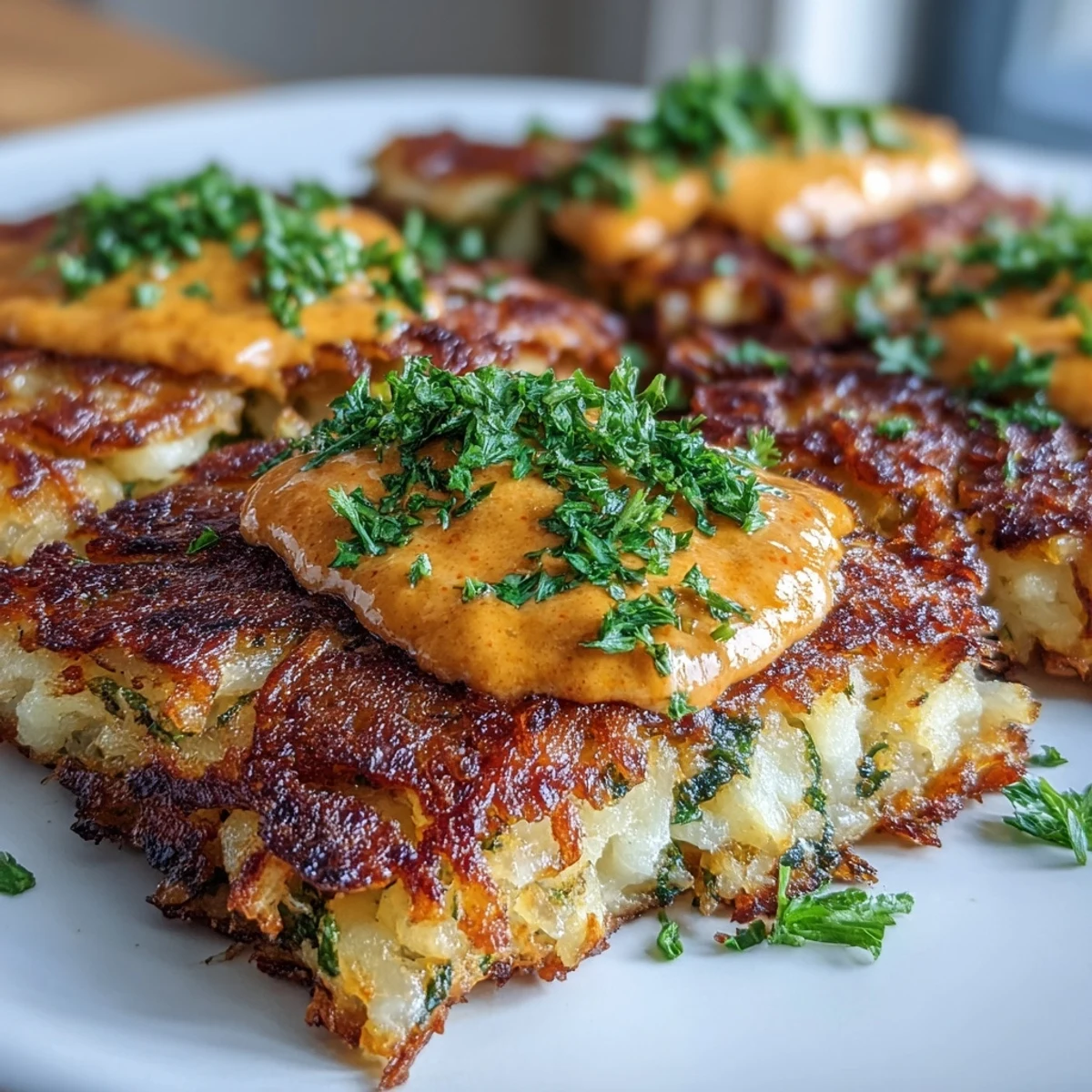 Golden, crispy celeriac rösti topped with a fried egg and dollop of spicy harissa yogurt, served hot.