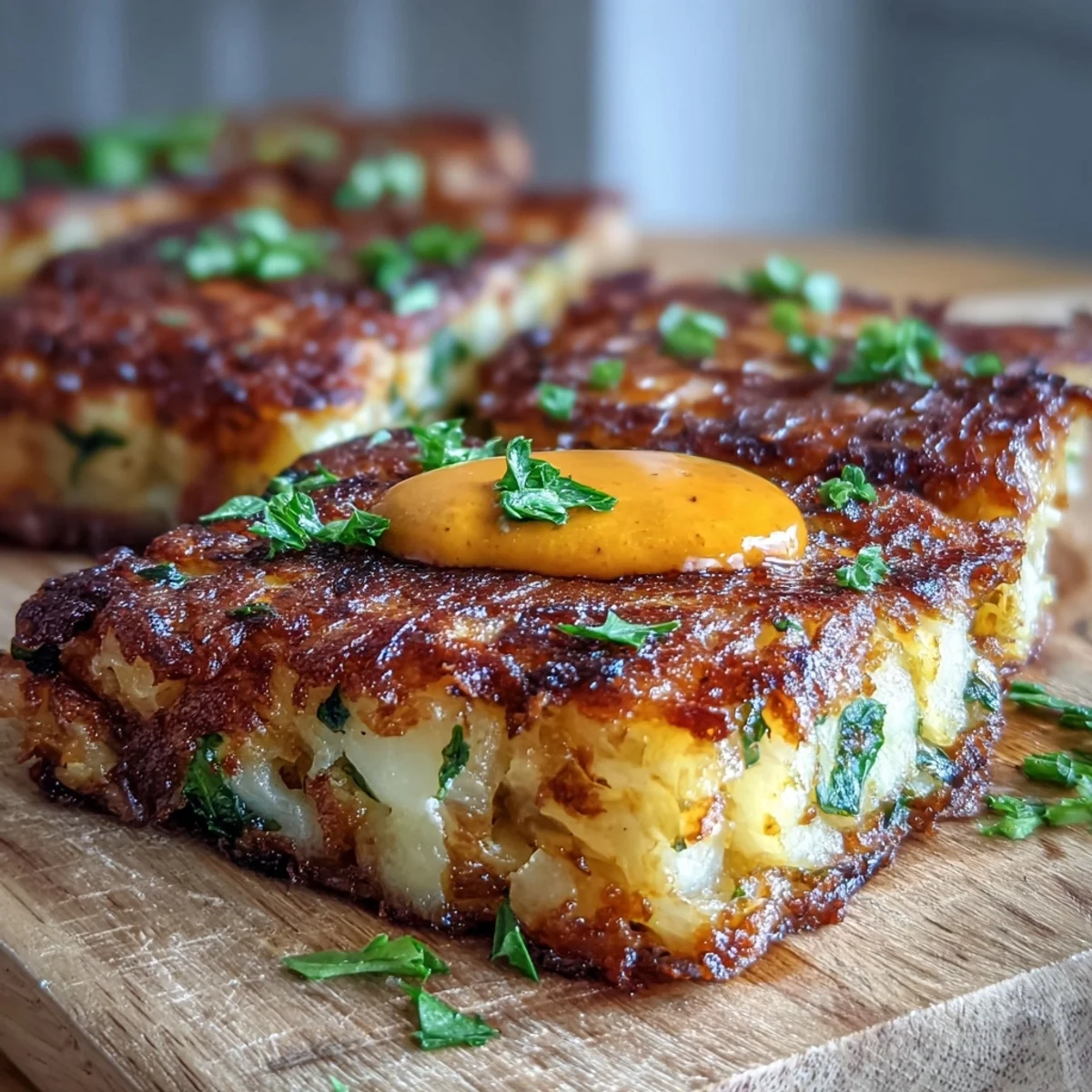 Vegetarian brunch featuring crunchy celeriac rösti, creamy harissa yogurt, and a sunny-side-up fried egg with lemon wedges.