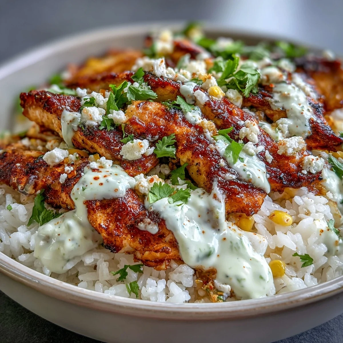 A vibrant bowl of Street Corn Chicken and Rice Bowls features citrus-marinated chicken thighs, charred corn, creamy crema, and crumbled cotija cheese.