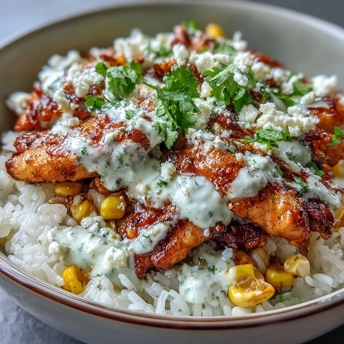 Enjoy this colorful Street Corn Chicken and Rice Bowl with lime wedges and jalapeños, perfect for a zesty, flavor-packed weeknight dinner.