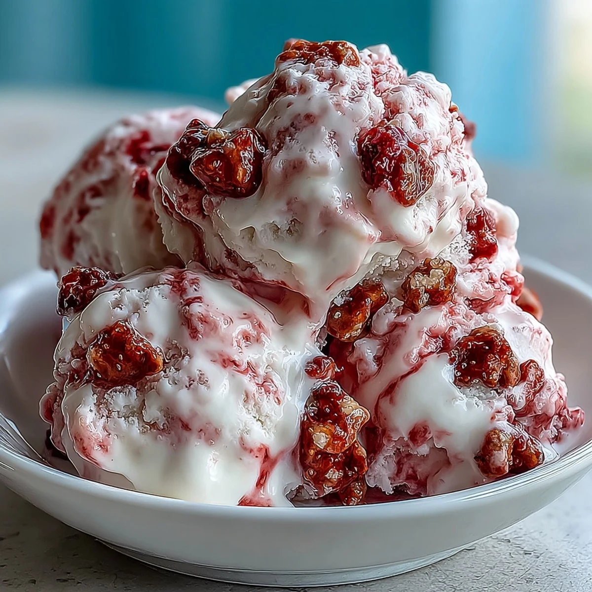 Delicious no-bake Strawberry & Banana Yoghurt Clusters served as a refreshing frozen dessert with vibrant red strawberries and golden banana chips.  