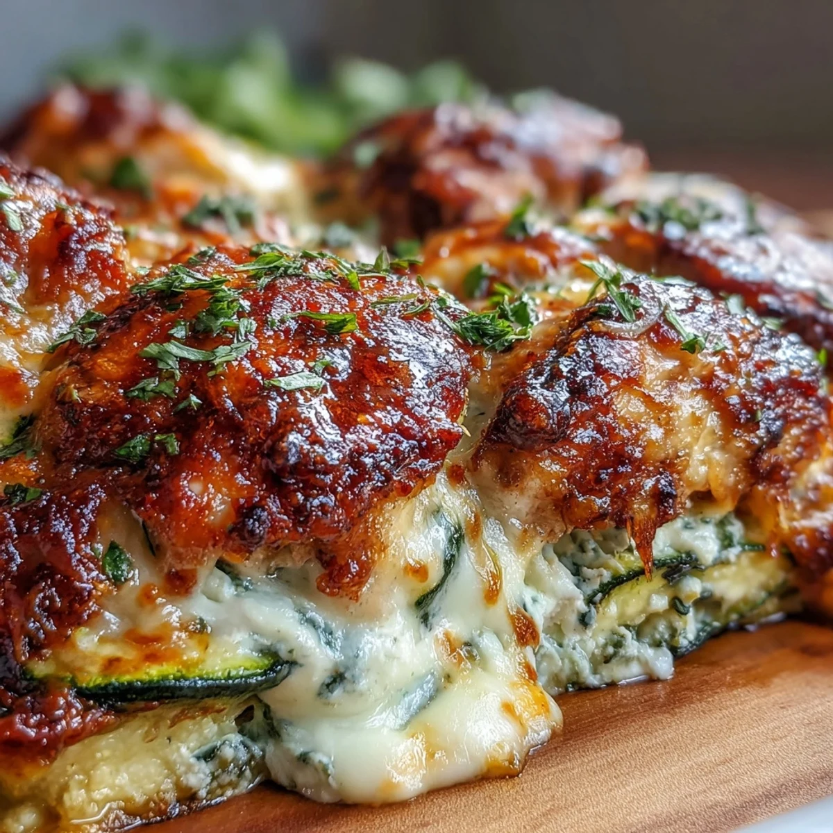 Close-up on bubbling cheese topping of High Protein Chicken Zucchini Bake, highlighting the golden crust and savory steam rising.