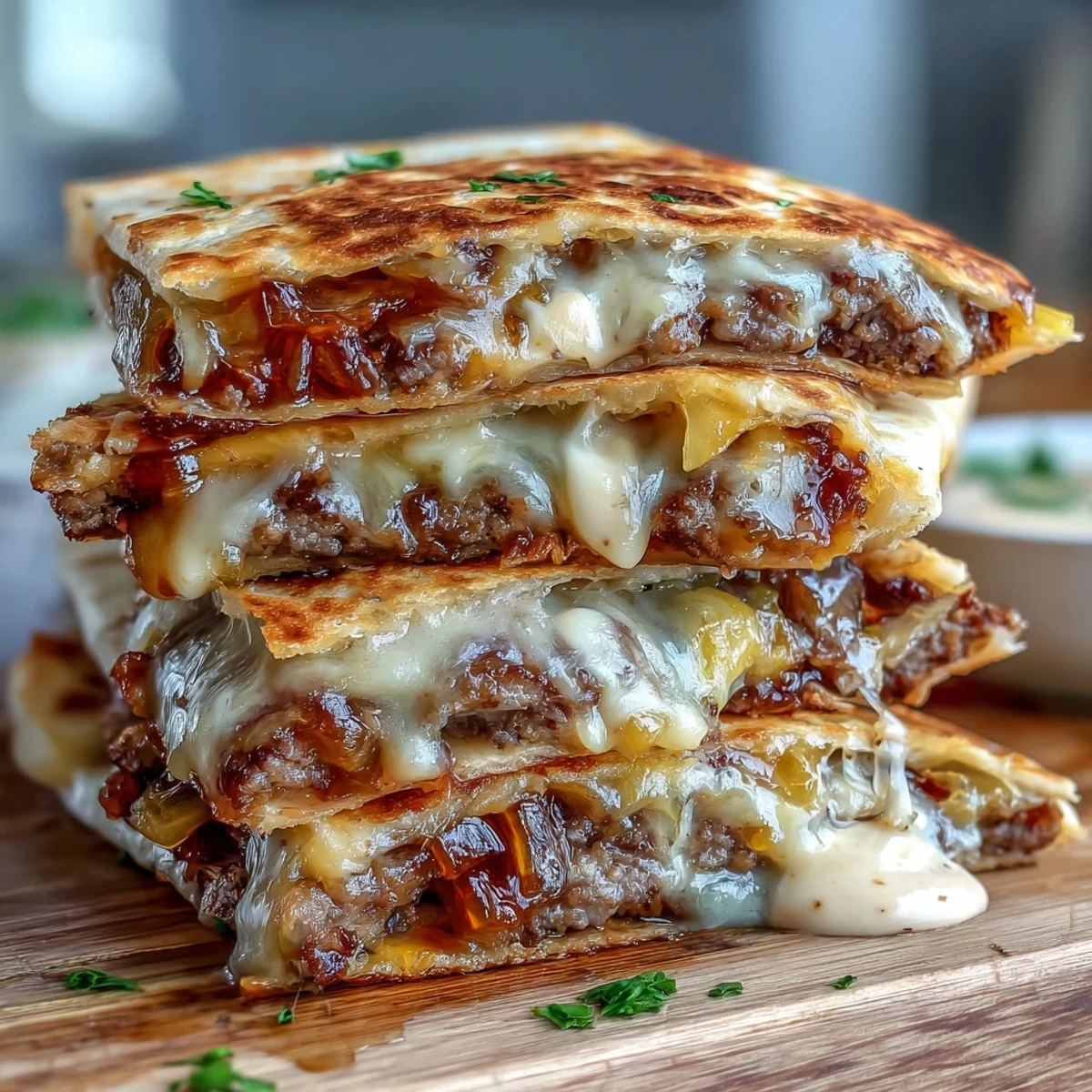 Plated Cheesy Griddled Smashburger Quesadillas with fresh garnishes like pickles and cilantro, served alongside a small bowl of creamy dipping sauce.