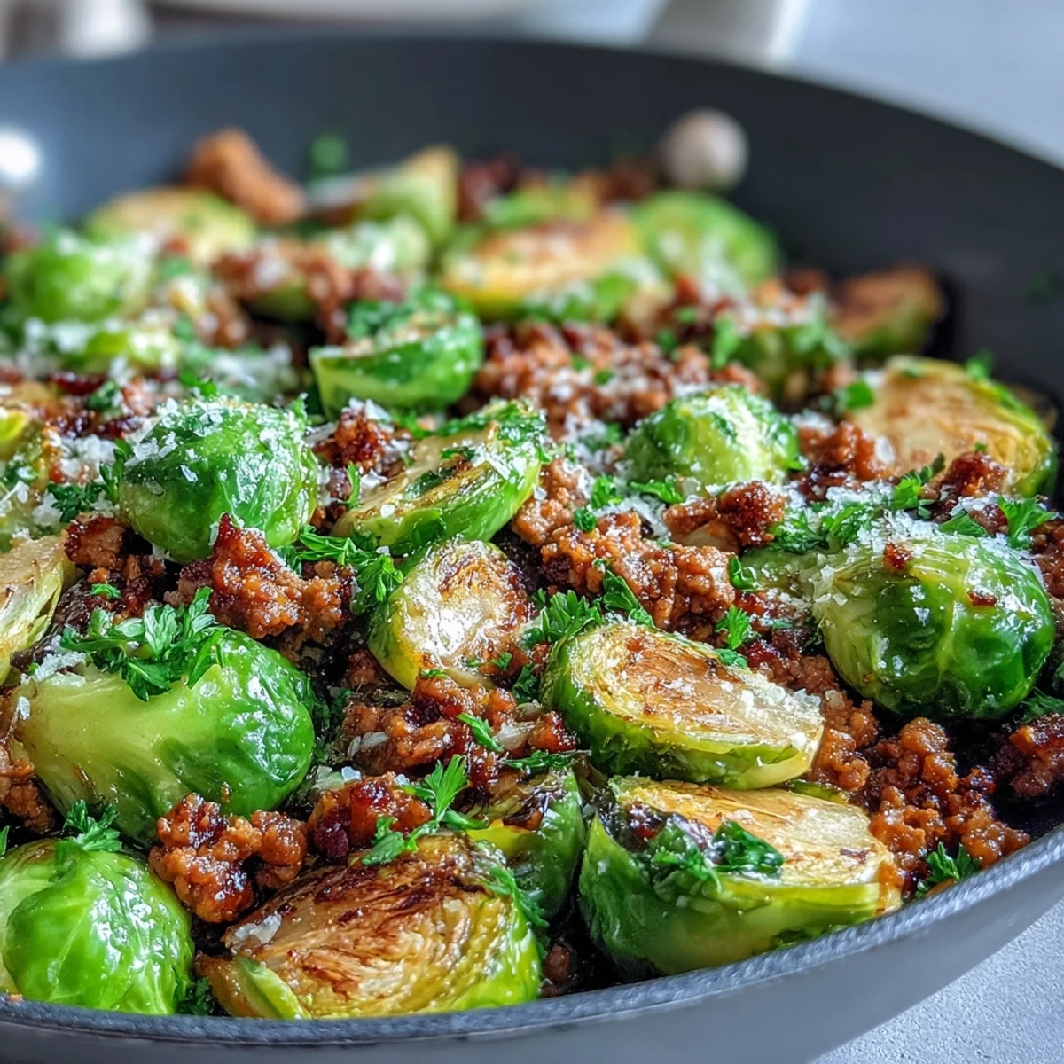 Hearty Brussels sprouts and lean ground turkey are served hot from the skillet, garnished with fresh parsley for a wholesome dinner.