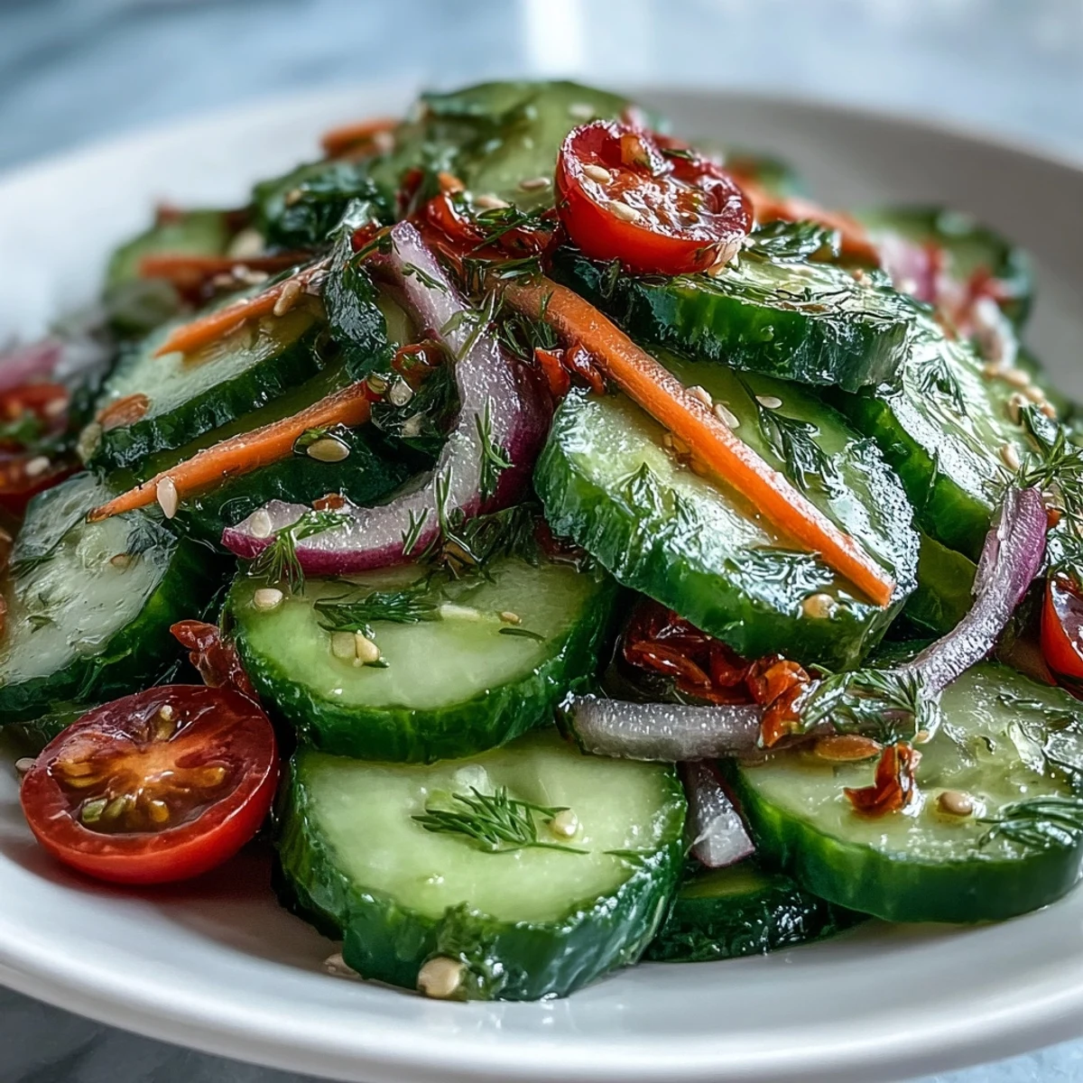 Bright green cucumber slices, red onion, and fresh dill tossed in a tangy vinegar dressing.  