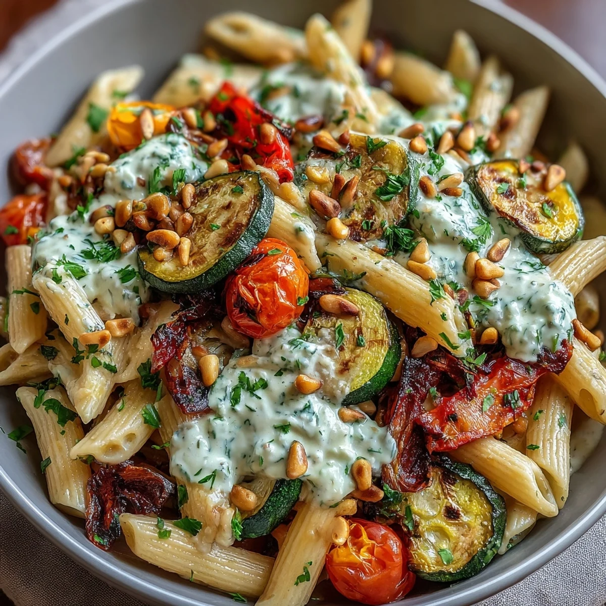 Roasted vegetable and creamy white bean sauce tossed with hearty whole wheat pasta, topped with toasted pine nuts.