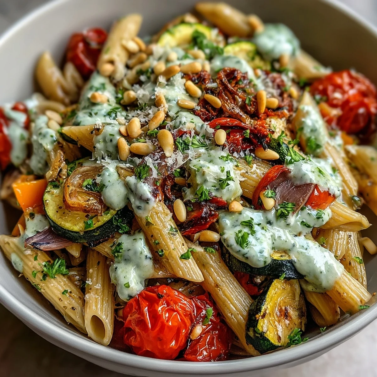 Freshly cooked whole wheat pasta bowl with colorful roasted veggies and a drizzle of creamy protein-rich sauce.