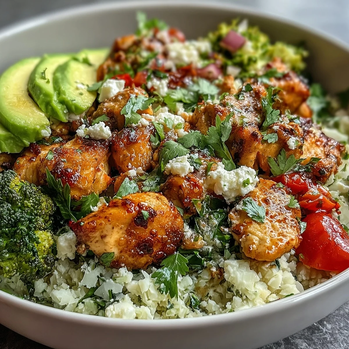 Colorful Cauliflower Rice Bowl featuring roasted bell peppers, juicy cherry tomatoes, and a drizzle of lemon-tahini sauce.