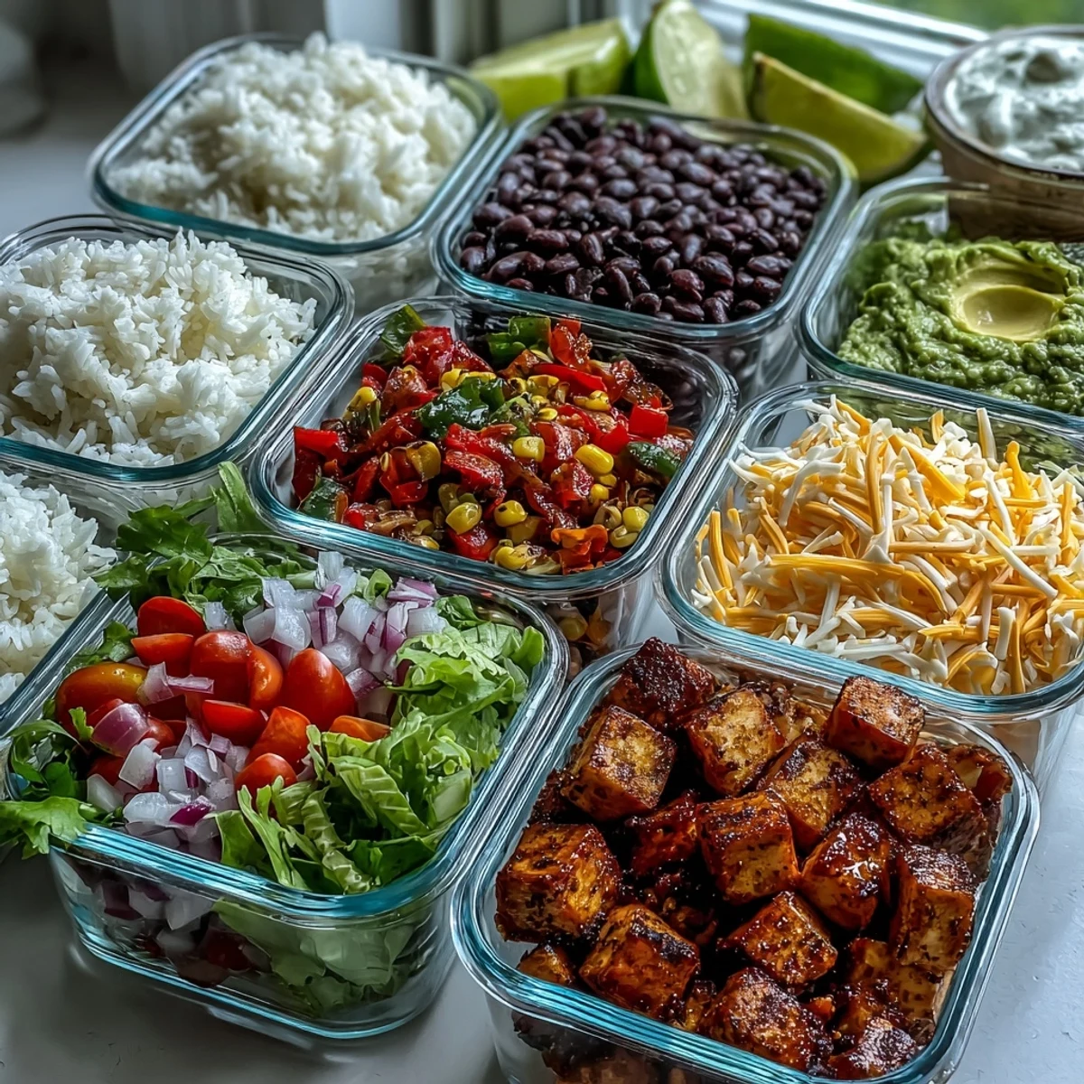 Meal Prep Burrito Bowl Base with fluffy rice, hearty black beans, and seasoned chicken in clear meal prep containers.