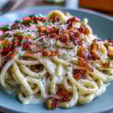 Fork twirling low-carb celeriac carbonara topped with grated Parmesan and cracked black pepper. 