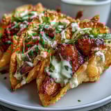 A close-up of Crispy Chicken Wonton Tacos showcasing smoky-spiced chicken nestled in fried wonton shells with vibrant cilantro garnish.  