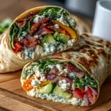 A vibrant, colorful wrap filled with crisp rainbow vegetables and hummus, perfect for a healthy packed lunch.
