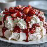 A crisp and chewy meringue topped with billowy whipped cream and fresh strawberries, creating a classic Australian dessert.