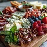 Vibrant charcuterie board featuring cured meats, cheeses, fresh fruits, and edible flowers—perfect for seasonal gatherings.  