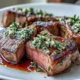 Close-up of tender lamb chops with a fresh, herbaceous parsley and lemon topping.