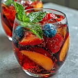 Vibrant Summer Sangria Mocktail with fresh peaches and berries calls for a refreshing sip.