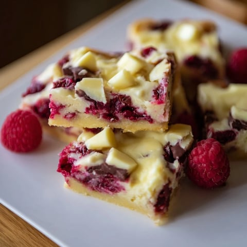 Warm, gooey white chocolate and raspberry blondies, studded with bright berries, a delightful dessert for any occasion.