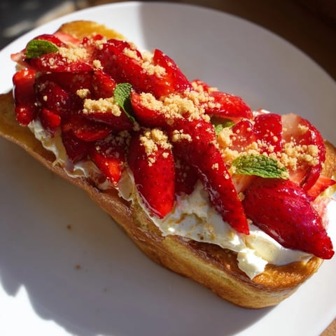 Strawberry Cheesecake Toast glistening with macerated strawberries and creamy cream cheese, served beautifully.