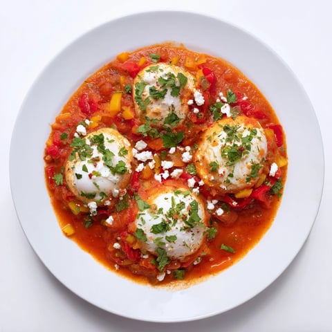 Israeli Shakshuka with bright red tomato sauce and perfectly poached eggs ready to eat.