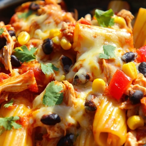 Golden-brown baked Chicken Burrito Pasta with bubbly cheese, black beans, and fresh cilantro garnish.