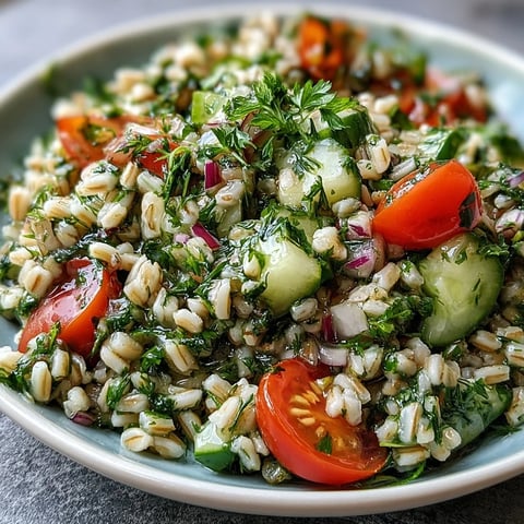 A bowl of Barley and Herb Salad with chopped cherry tomatoes, cucumber, and fresh herbs tossed in a glossy lemon vinaigrette.