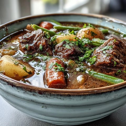 Hearty beef and vegetable soup simmering in a pot with tender beef, carrots, and potatoes, ready to be ladled into rustic bowls.