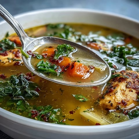 A steaming bowl of High Protein Lemon and Turmeric Chicken Soup, with tender chicken pieces, vibrant carrots, and baby kale floating in a golden, aromatic broth.