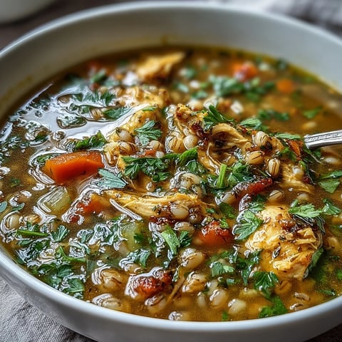 Golden-hued Soothing Turmeric Chicken With Pearl Barley soup in a rustic bowl, garnished with parsley and lemon wedges, steam rising invitingly.