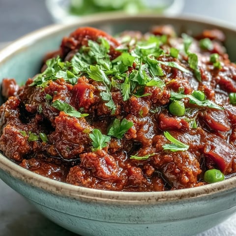 Ground venison simmering in a rich, aromatic Venison Keema Curry with peas, garnished with fresh cilantro and lemon wedges.