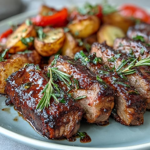 Roasted Marinated Ibérico Pork Fillet sliced beside golden crispy potatoes and sweet red peppers.