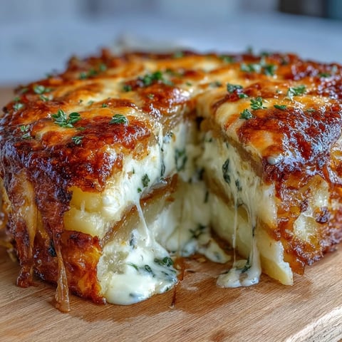 Freshly baked Cheese and Potato Pie with golden, bubbling Gruyère and cheddar cheese topping on creamy potato layers.