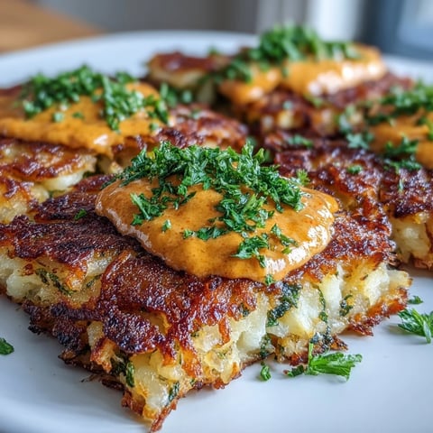 Golden, crispy celeriac rösti topped with a fried egg and dollop of spicy harissa yogurt, served hot.