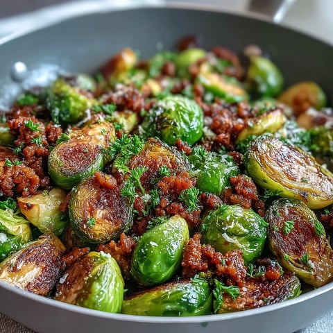 Golden-brown Brussels sprouts sizzle beside savory ground turkey in a skillet, topped with fresh parsley and a sprinkle of Parmesan cheese.