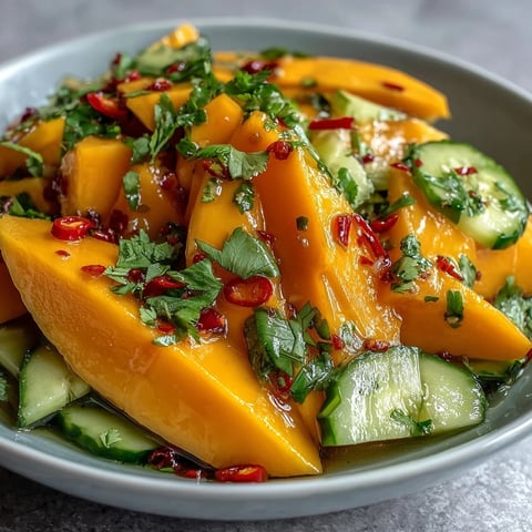 Juicy mango strips, crisp red bell pepper, and cucumber tossed in a zesty lime-honey dressing, topped with cilantro.