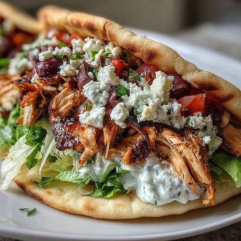 Grilled Mediterranean Chicken Gyros topped with creamy feta tzatziki, fresh lettuce, tomatoes, and Kalamata olives on warm pita bread.
