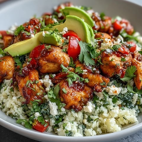 Hearty Cauliflower Rice Bowl with seasoned chicken, crisp broccoli, and creamy avocado slices on a white plate.