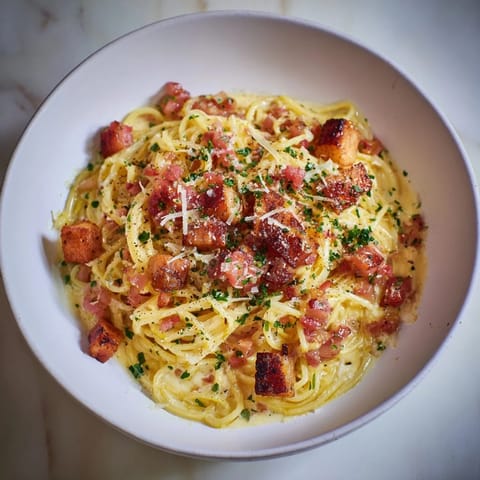 A close-up of The Best 15-Minute Creamy Carbonara showcasing crispy pancetta bits and freshly grated Parmesan cheese.